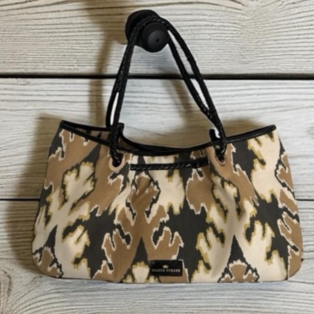 Elaine Turner Ikat Design Canvas Tote/Shoulder Bag&Pouch | Braided Dual Handles